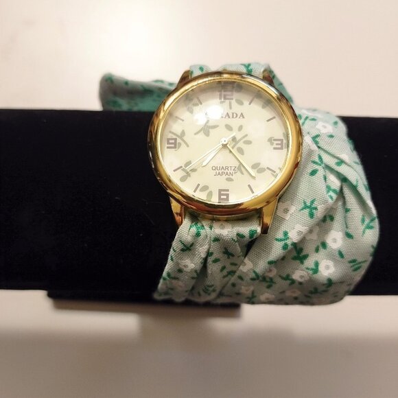 Strada Womens Gold-Tone Watch With Green Floral Fabric Band & White Dial-NEW - Picture 1 of 11